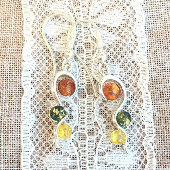 Genuine Baltic Amber Multicolor Earrings .925 Sterling Silver Swirl Design - Picture 8 of 13